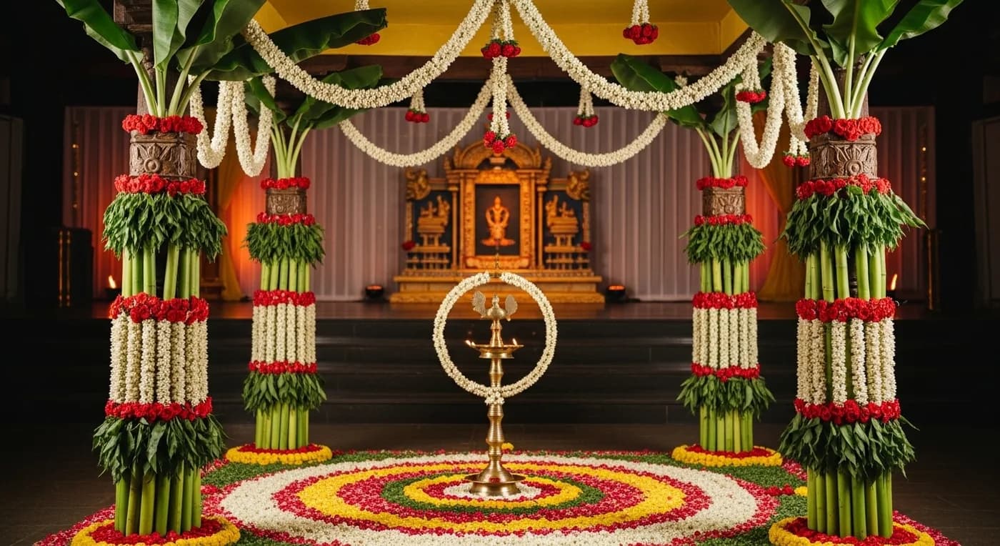 Traditional mandapam decoration with jasmine garlands and brass lamps at a Kochi wedding