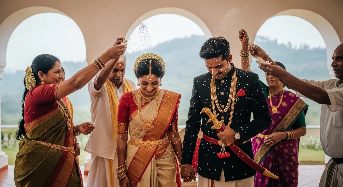 Kodava bride and groom in traditional Coorg attire during wedding ceremony