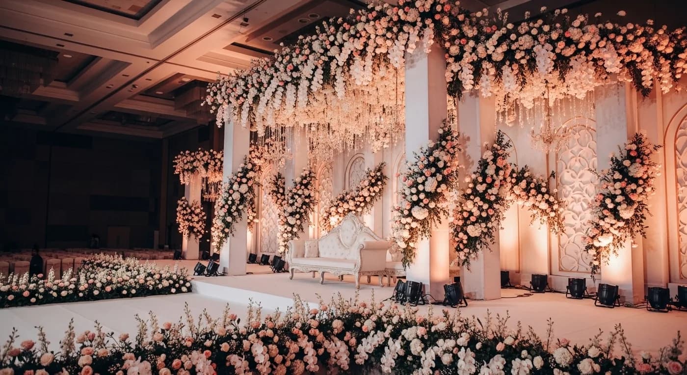 Decorated wedding stage at a Kozhikode convention centre with floral installations and warm lighting