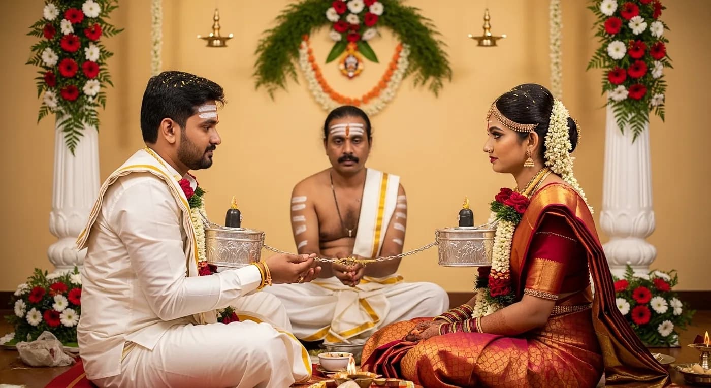 Lingayat couple during Ishtalinga exchange ceremony at wedding