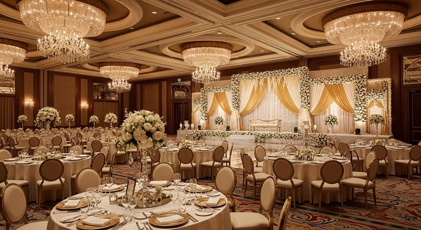 Luxury 5-star hotel ballroom set up for a Bangalore wedding