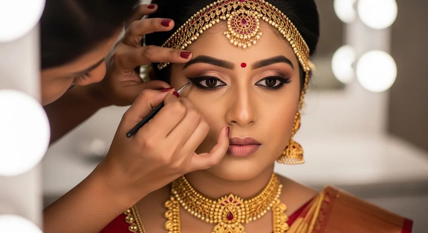 Kerala bride getting makeup applied with traditional gold jewellery visible