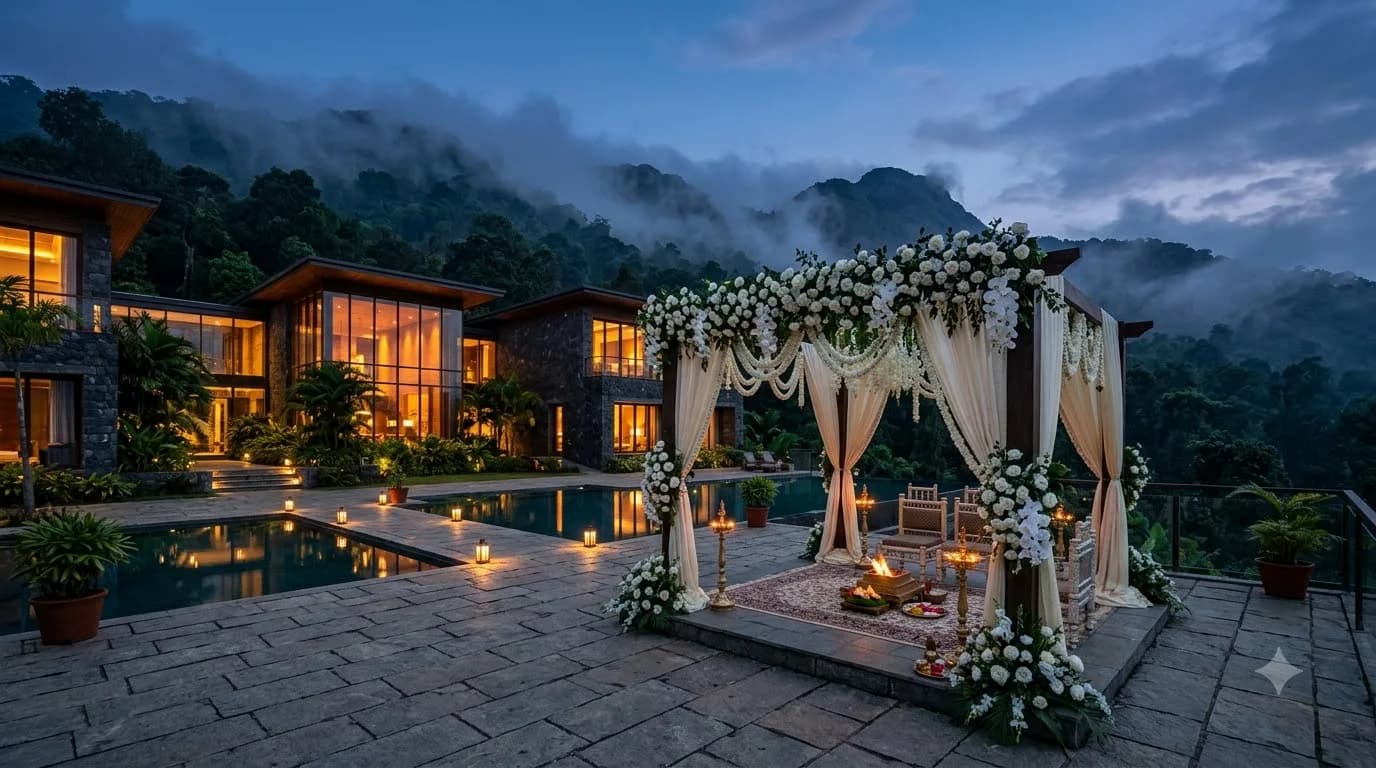 Mountain Shadows Wayanad luxury wedding resort with mist and forest backdrop