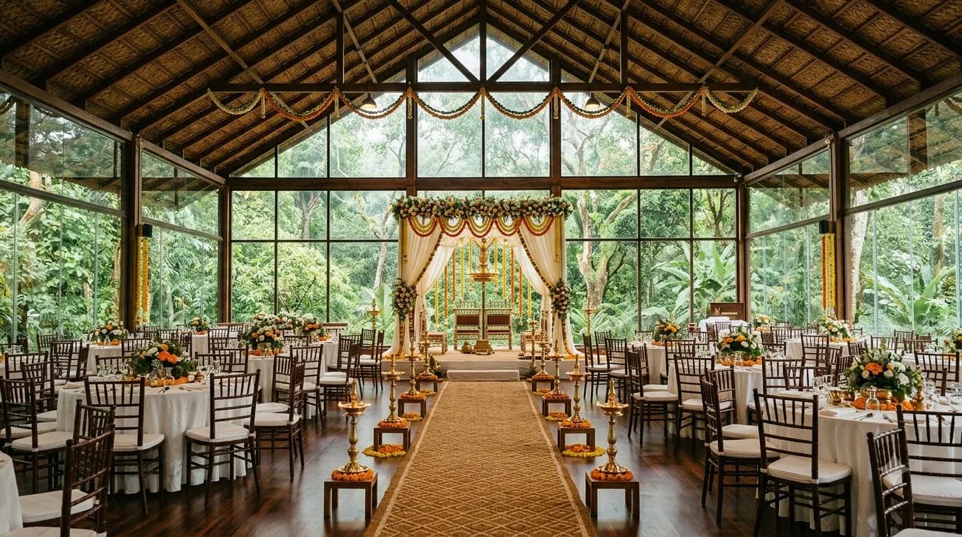 Vythiri Village wedding venue banquet hall with floral mandap and mist-covered plantation backdrop