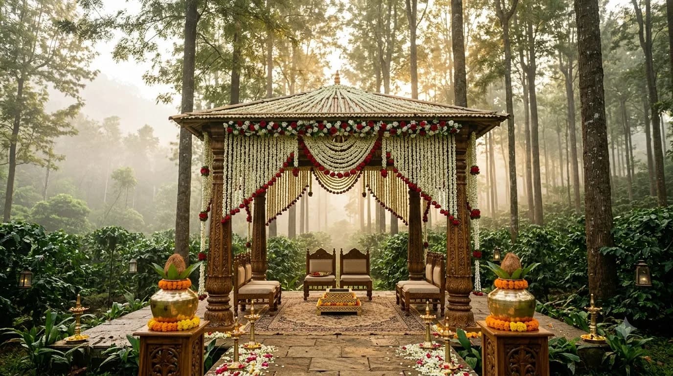 Wayanad coffee plantation wedding mandap with silver oak trees and morning mist
