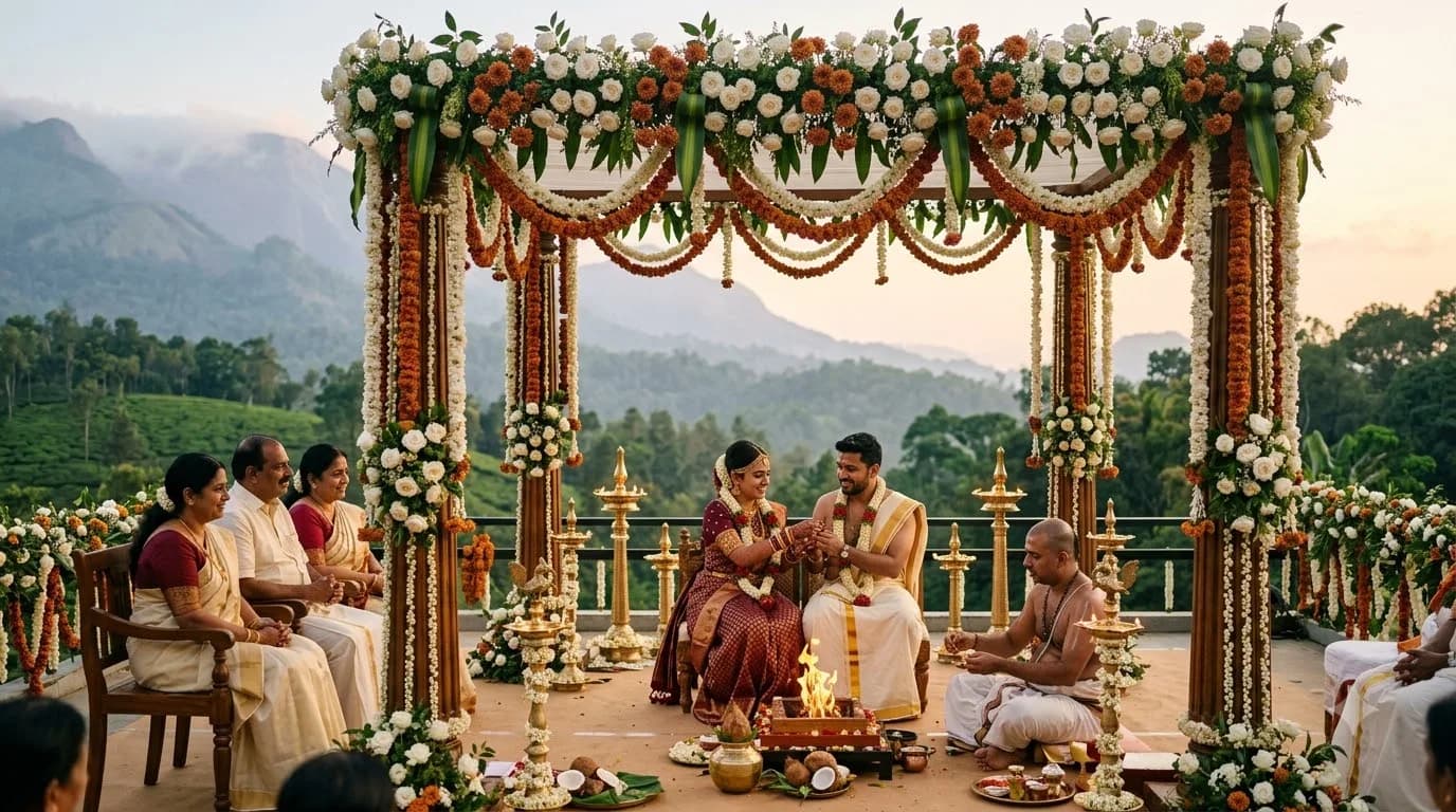 Destination wedding mandap at a Wayanad hill resort with mist-covered Western Ghats backdrop