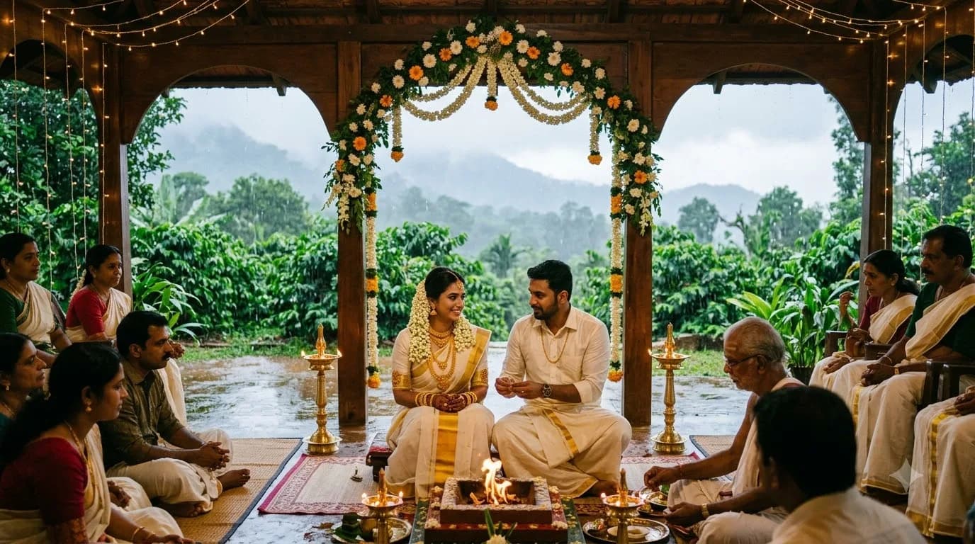 Wayanad monsoon wedding covered mandap with mist over green plantations