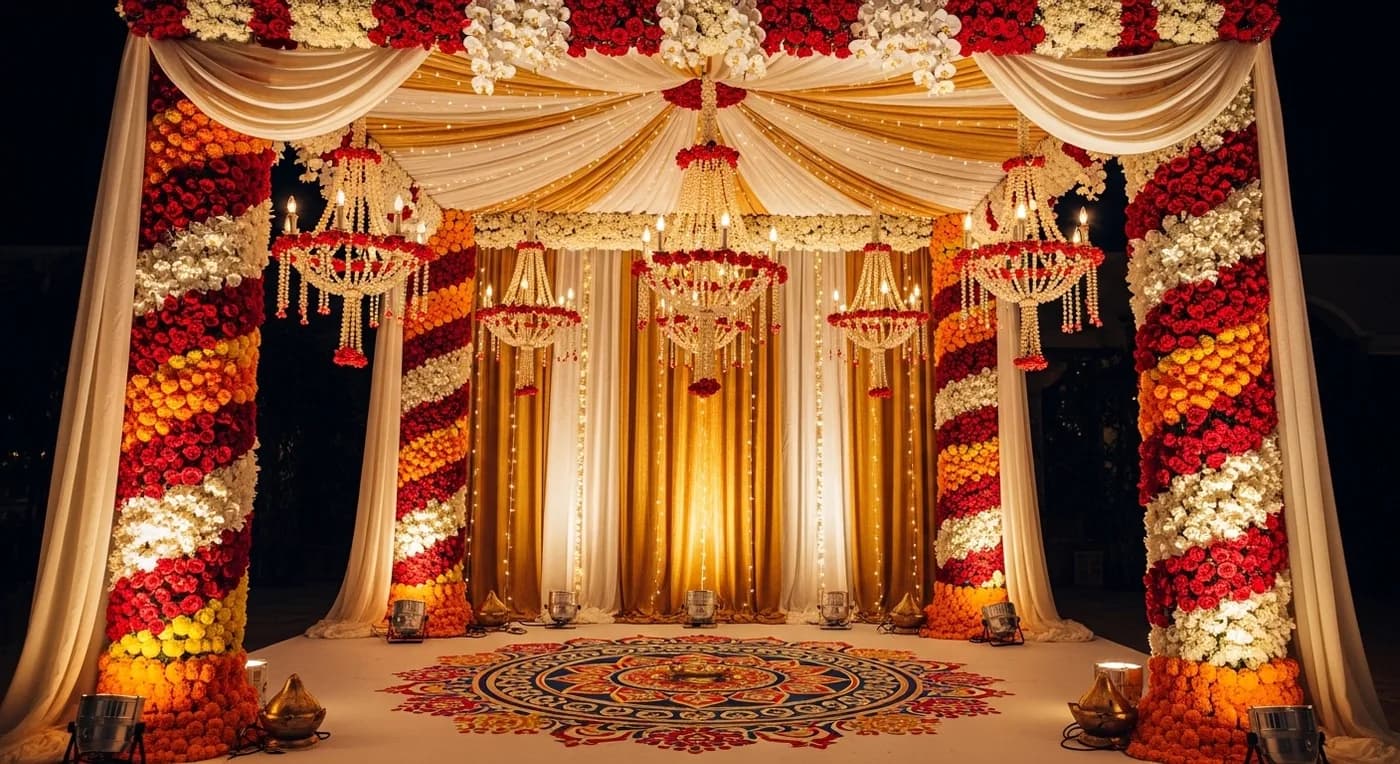 Elegant Kerala wedding mandap with traditional brass elements and floral arrangements