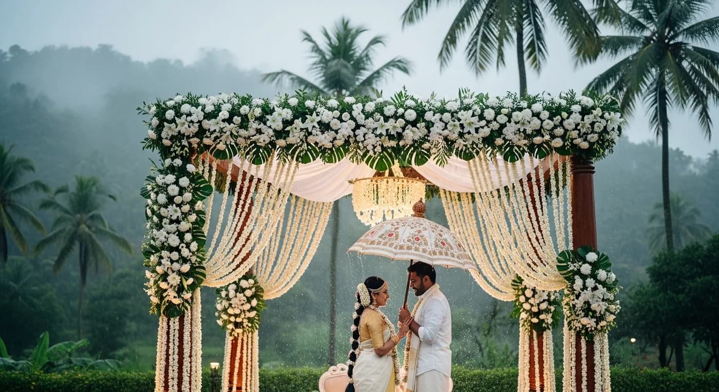 Monsoon wedding Kerala ceremony with lush green backdrop and rain-kissed floral decorations