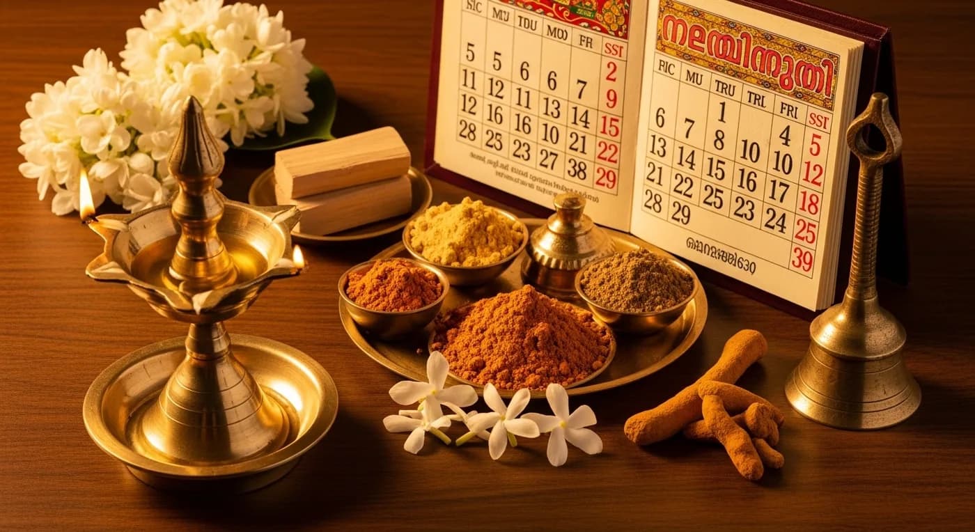 Traditional Kerala brass oil lamp (nilavilakku) with Malayalam calendar showing auspicious wedding dates