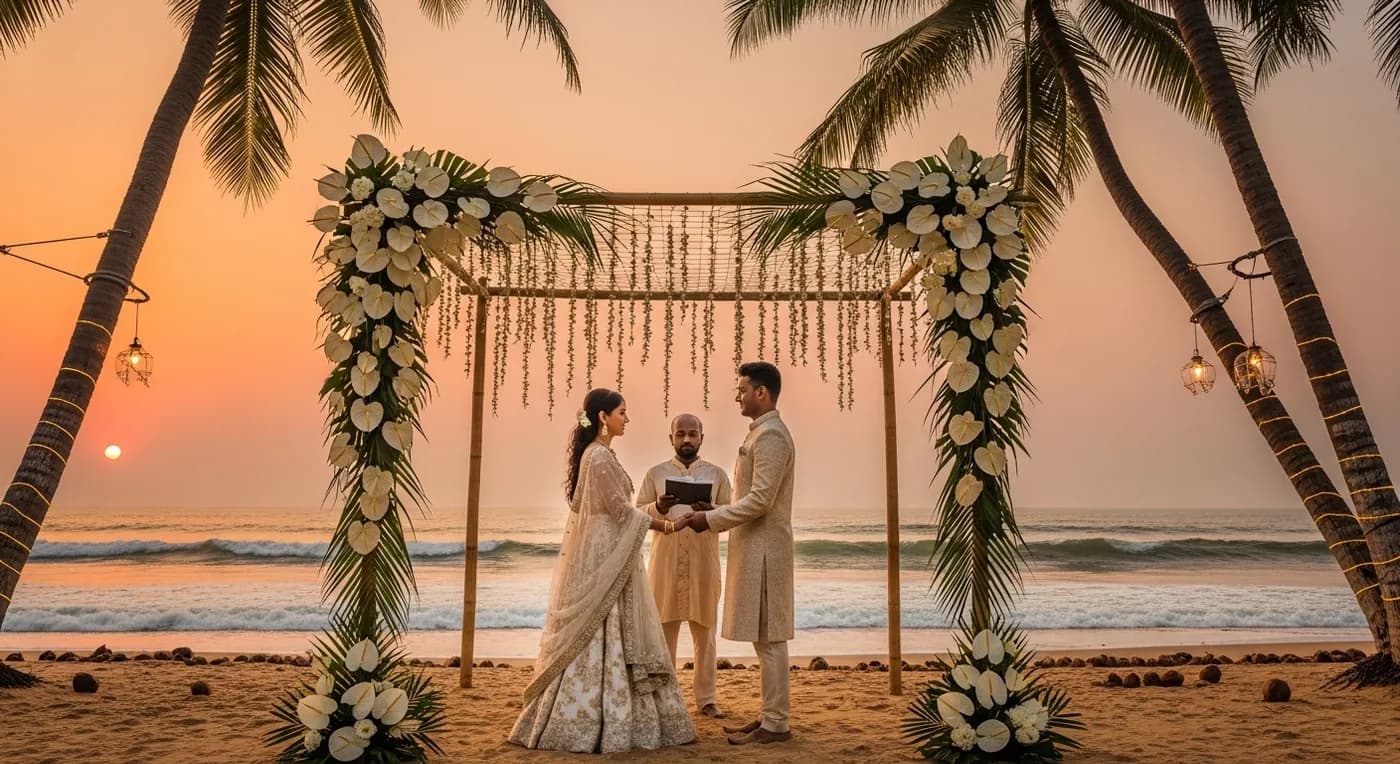 Alibaug beach wedding ceremony setup at sunset with floral mandap and Arabian Sea backdrop