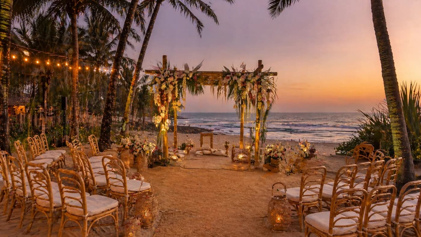 Alibaug beach wedding ceremony at sunset with Konkan coast and palm grove backdrop