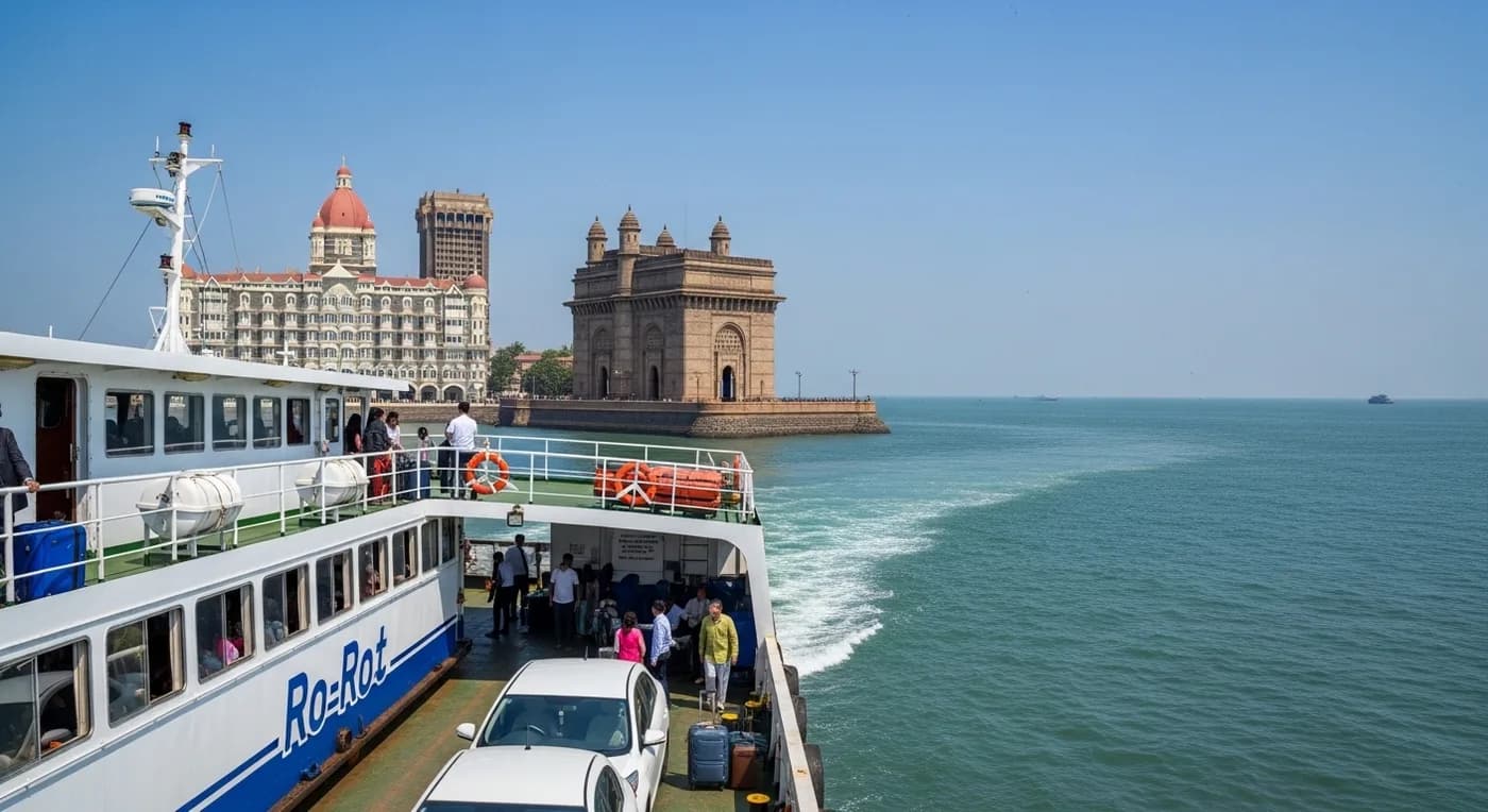 RoRo ferry from Gateway of India to Mandwa with Mumbai skyline backdrop