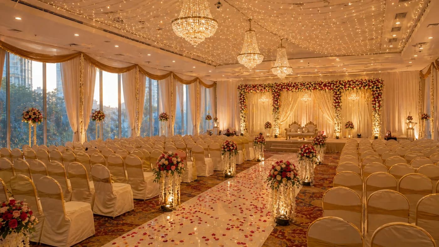 Mumbai banquet hall decorated for a wedding reception with floral arrangements