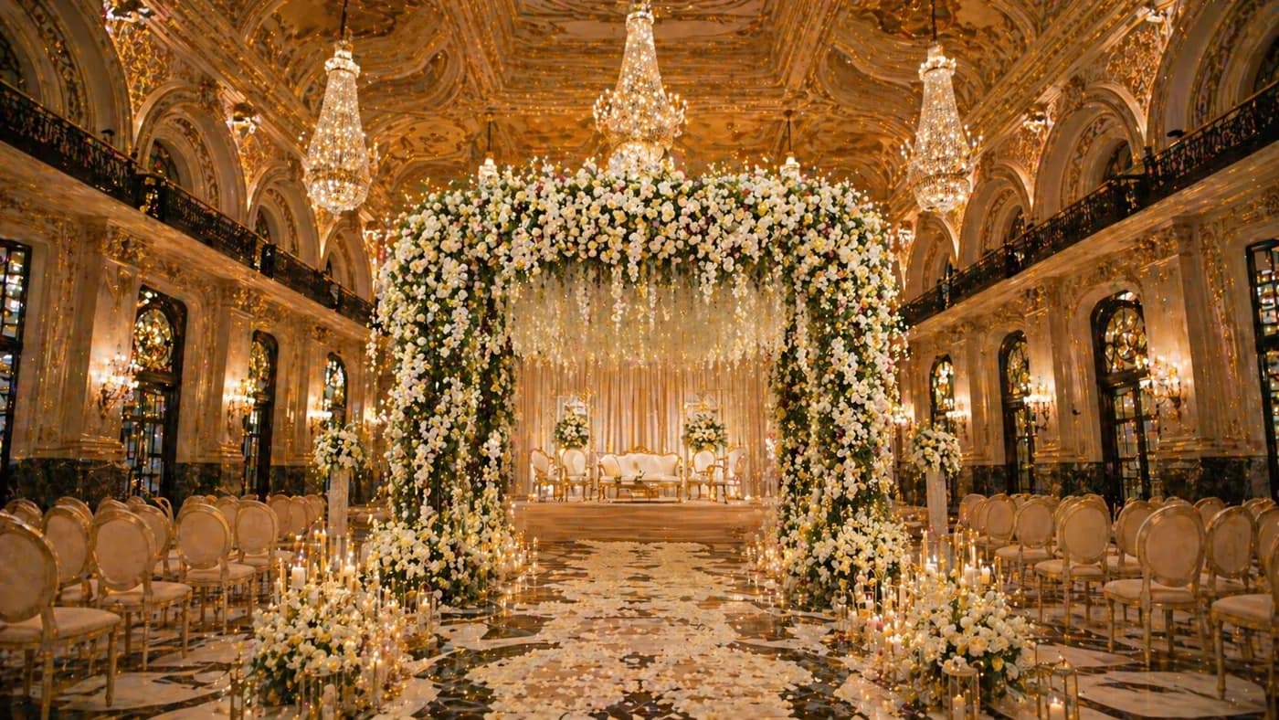 Mumbai sea-facing wedding venue at sunset with floral mandap and Arabian Sea backdrop