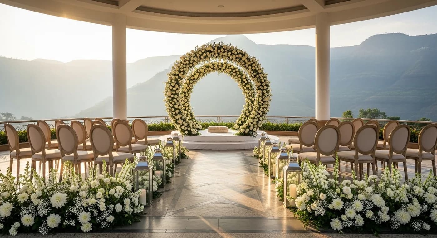 Della Resort wedding setup with poolside sangeet stage and string lights