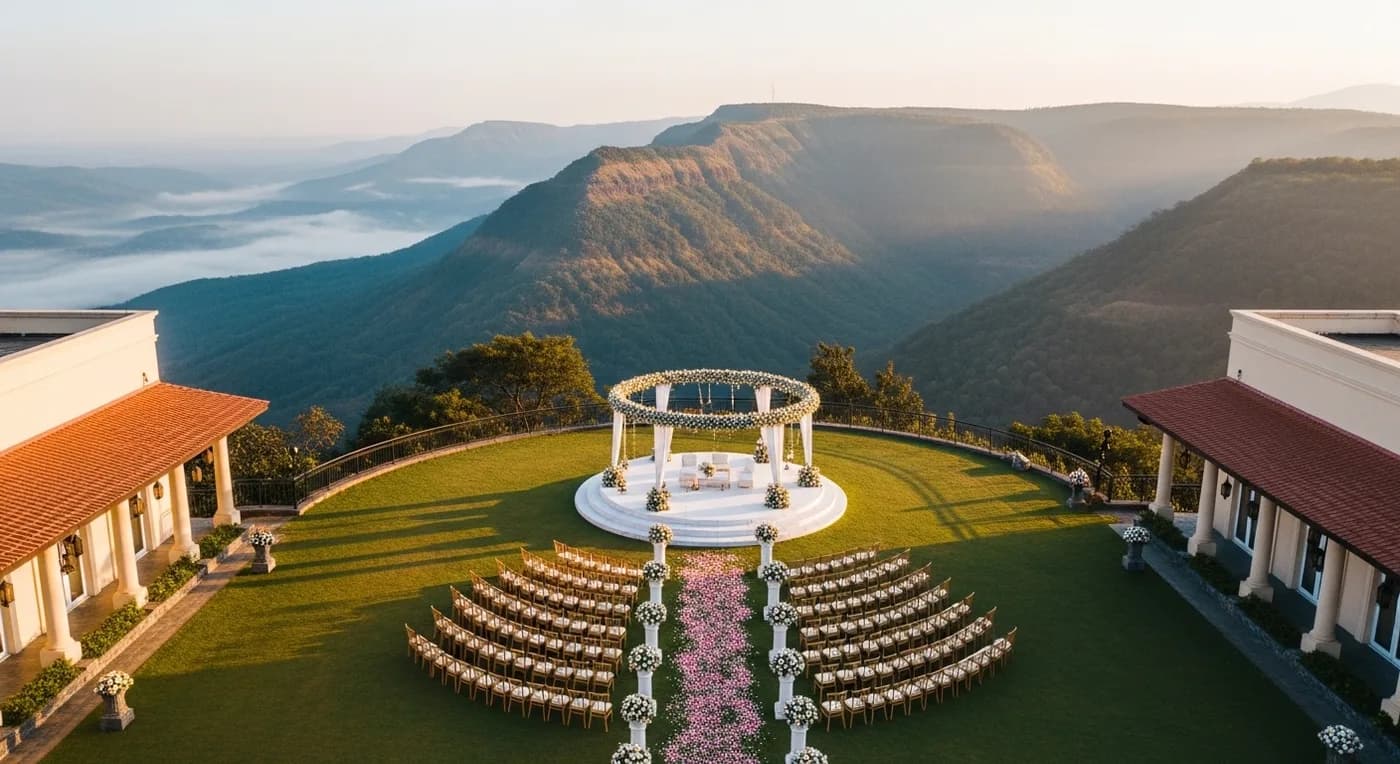 Lonavala destination wedding resort with floral mandap on a hilltop lawn