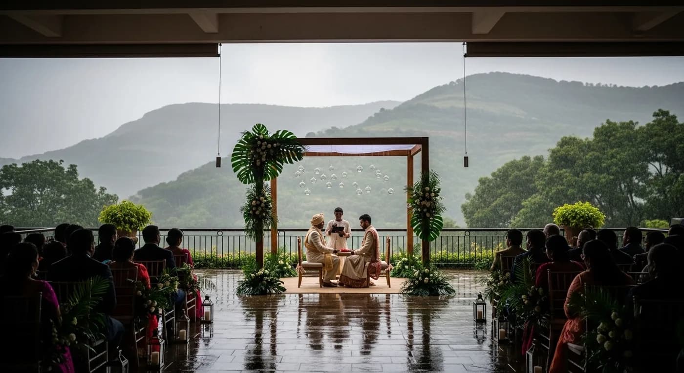 Lonavala monsoon greenery at a destination wedding venue with mist over hills