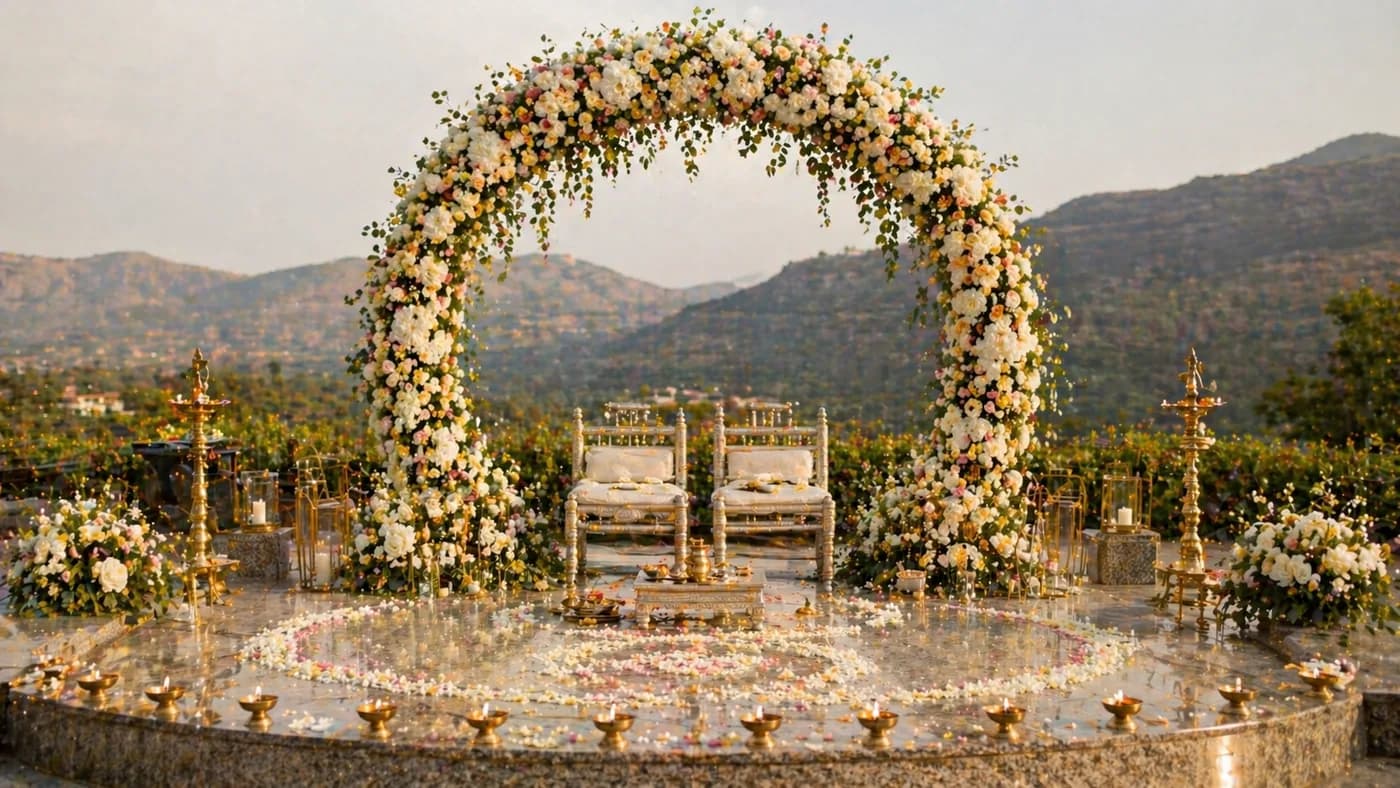 Outdoor mandap setup at a Lonavala resort wedding with hilltop backdrop