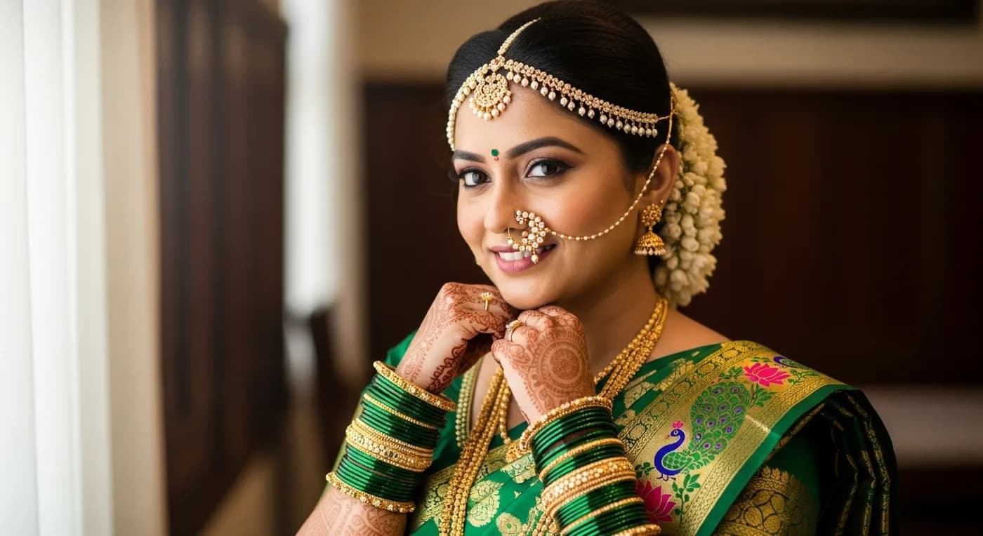 Marathi bride in Paithani saree with traditional nath nose ring and mundavalya