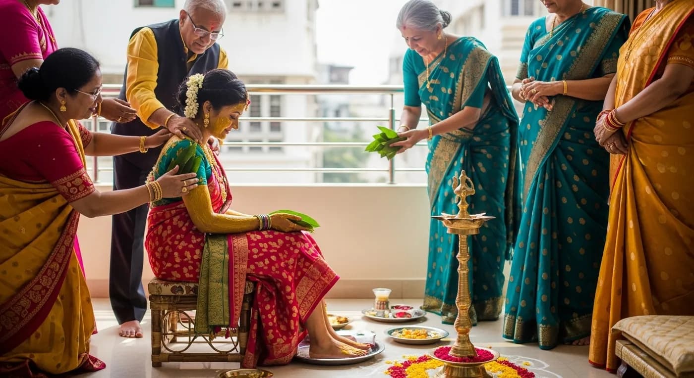 Marathi haldi ceremony Halad Chadavane with married women applying turmeric paste