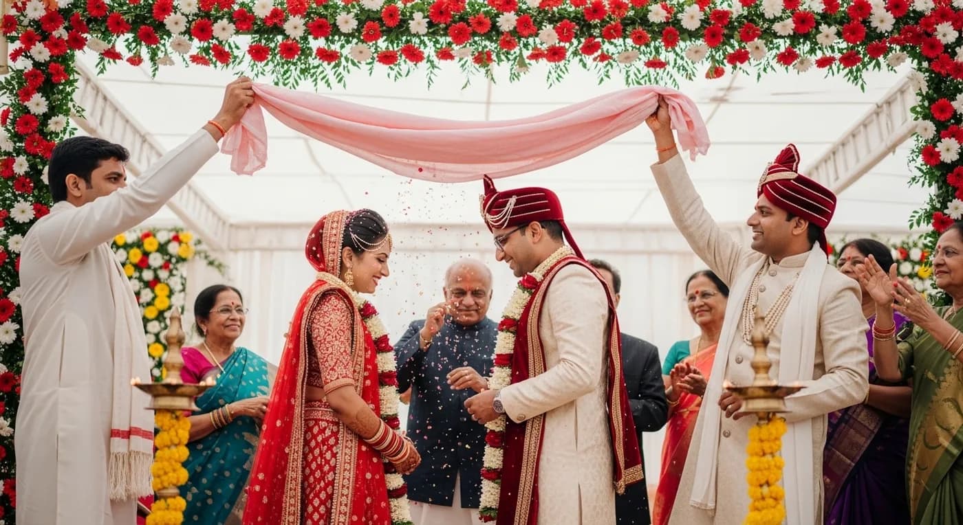 Marathi wedding Antarpat ceremony with silk curtain between bride and groom
