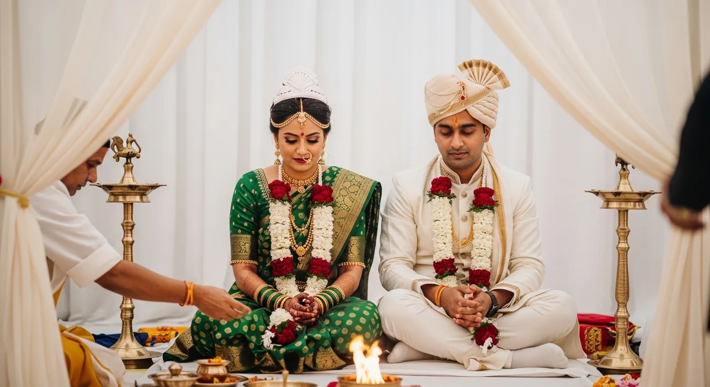 Marathi wedding Saptapadi ceremony with bride and groom taking seven steps around the sacred fire
