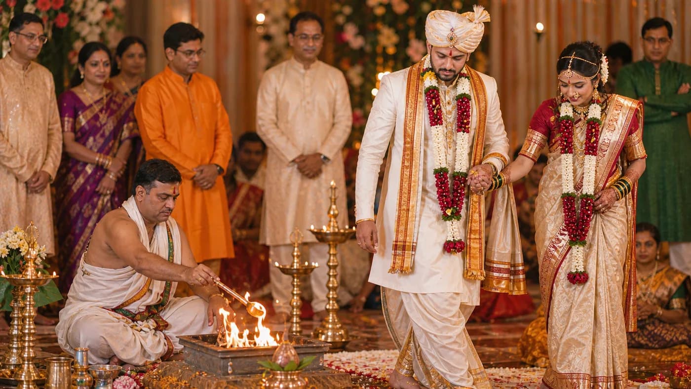 Marathi wedding Saptapadi seven steps around sacred fire