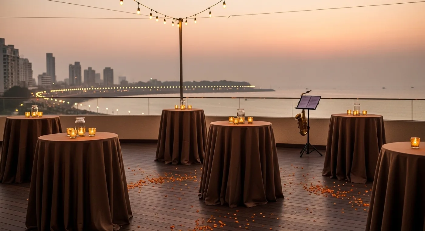 Mumbai sea-facing wedding ceremony at sunset with Marine Drive in the background
