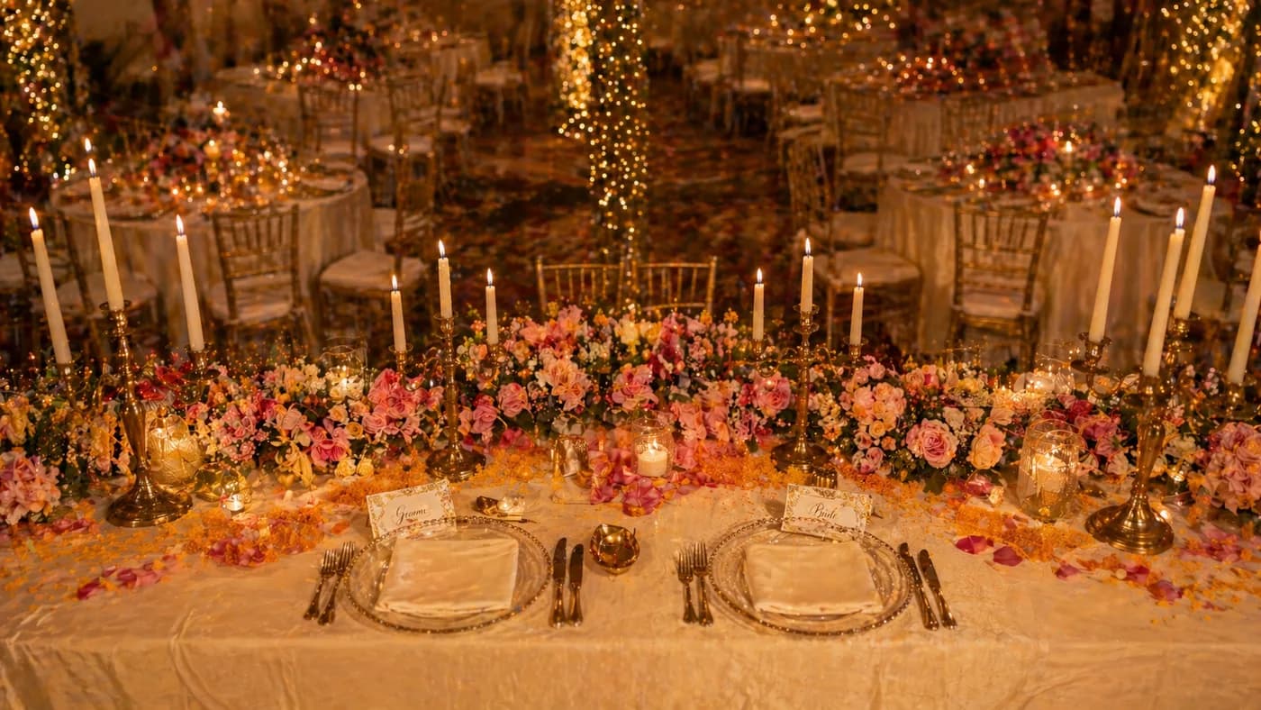 Mumbai banquet hall sweetheart table decorated with floral runner and brass candelabras