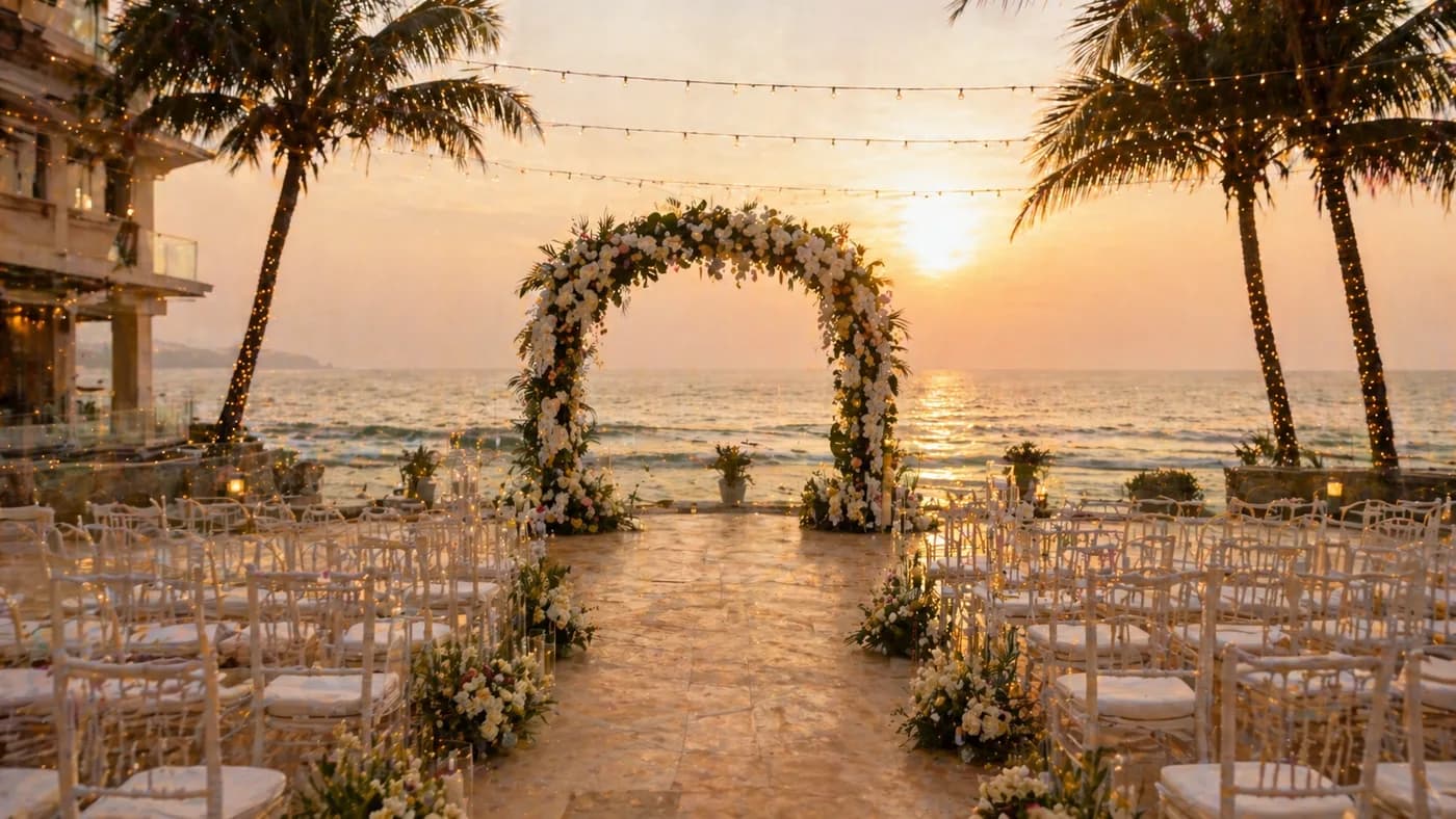 JW Marriott Juhu sea-facing wedding banquet setup with floral aisle