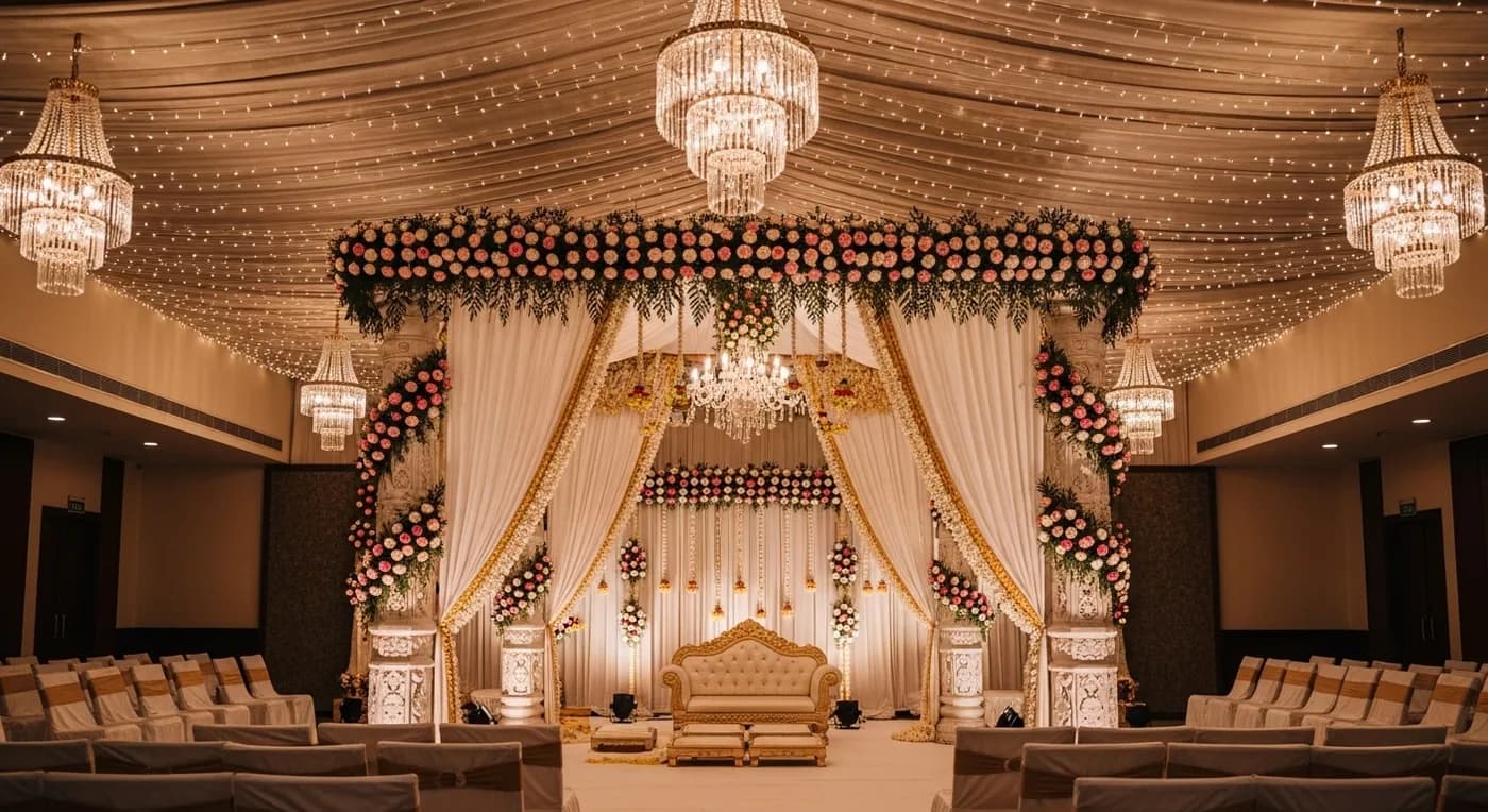 Mid-tier Mumbai banquet hall set up for a wedding reception