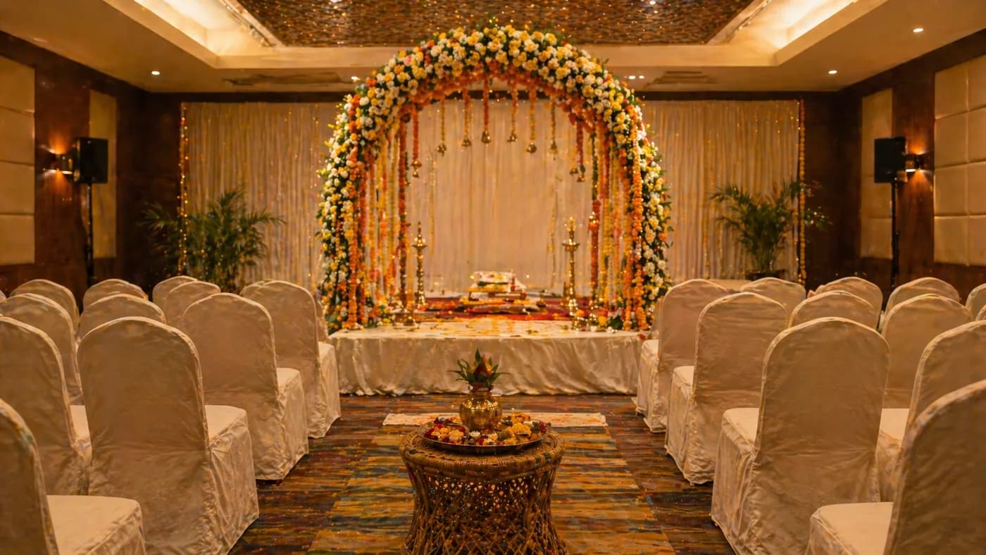 Simple Mumbai banquet hall with marigold floral arch and cream-covered chairs for a budget wedding