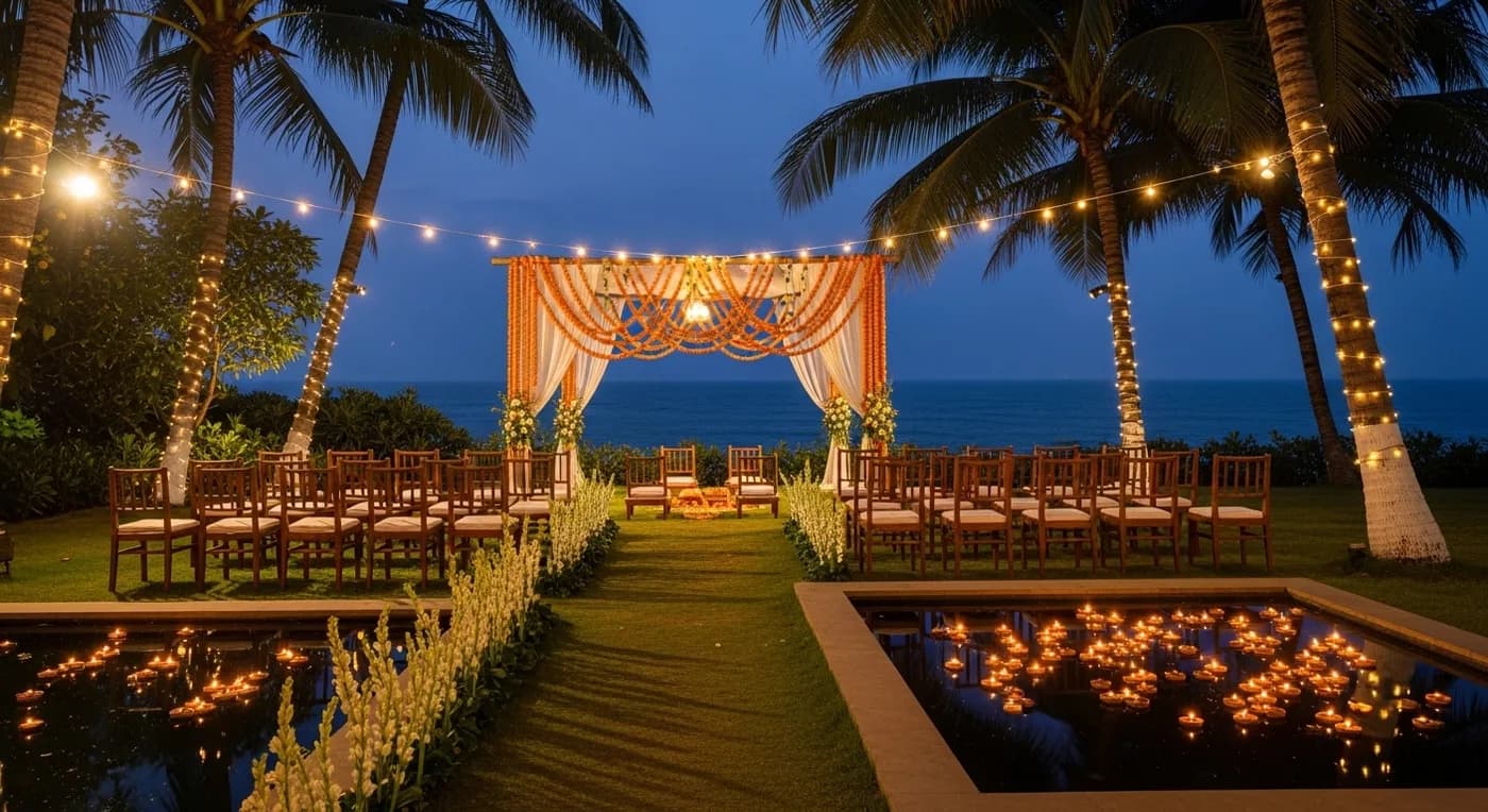 Madh Island farmhouse wedding venue with green lawns and palm trees near Mumbai