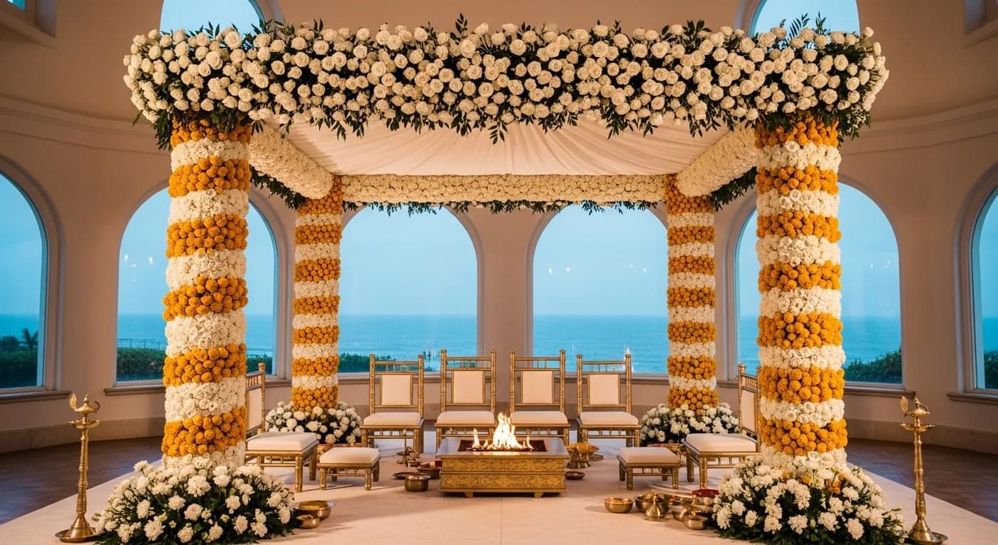 Mumbai five-star hotel ballroom decorated with a floral mandap for a Hindu wedding ceremony