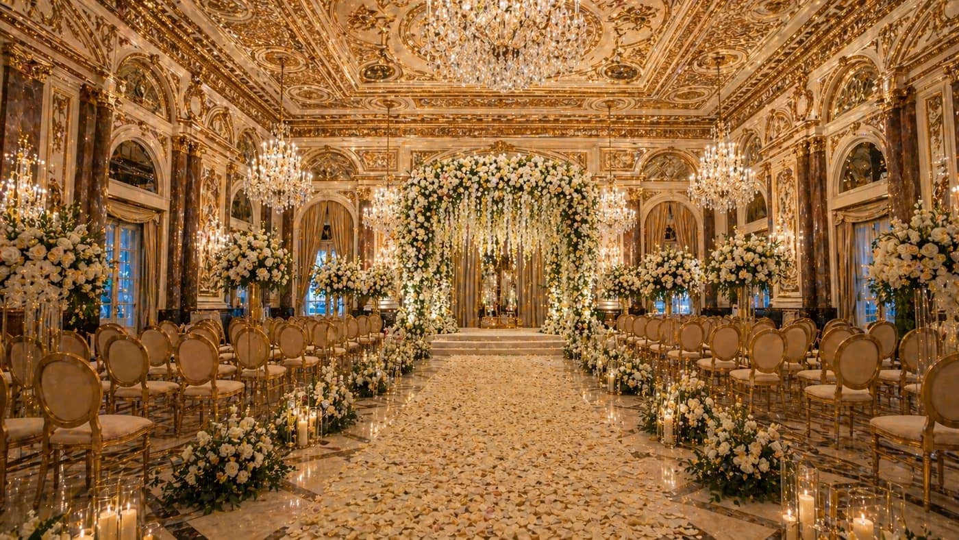 Palatial five-star hotel ballroom with gilded ceilings, crystal chandeliers, and cascading floral mandap for a luxury Mumbai wedding