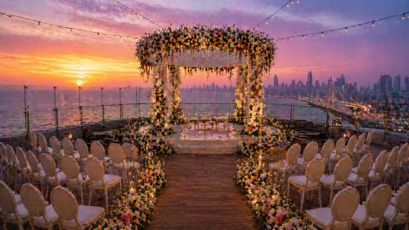 Mumbai sea-facing rooftop wedding venue at sunset overlooking the Arabian Sea