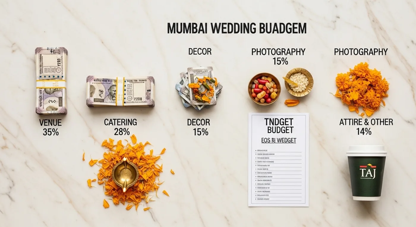Mumbai wedding cost breakdown infographic with venue, catering, decor, and photography line items