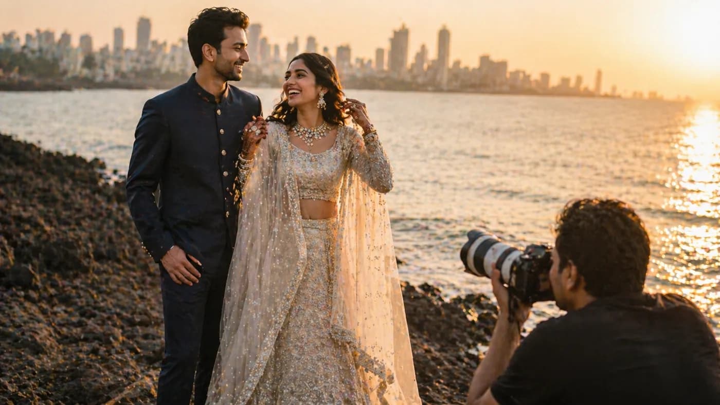 Mumbai wedding photographer capturing a sea-facing ceremony with cinematic lighting