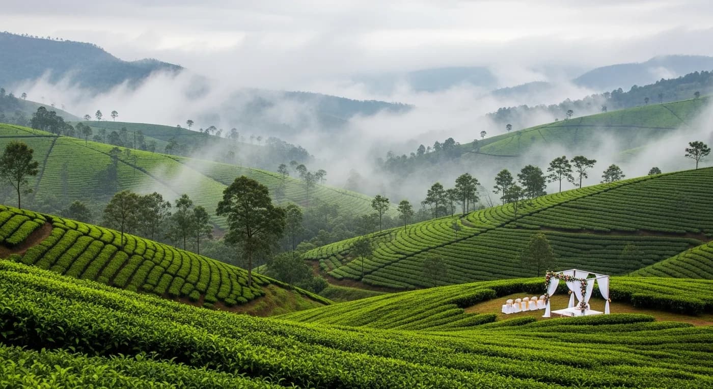 Wedding ceremony setup on a Munnar tea estate with misty hills in the background
