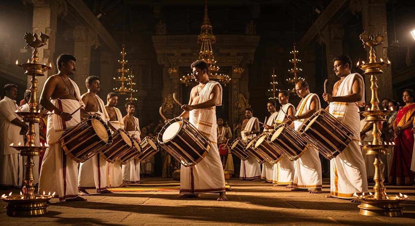 Kerala wedding music chenda melam performers in traditional white attire playing drums at a grand wedding venue entrance