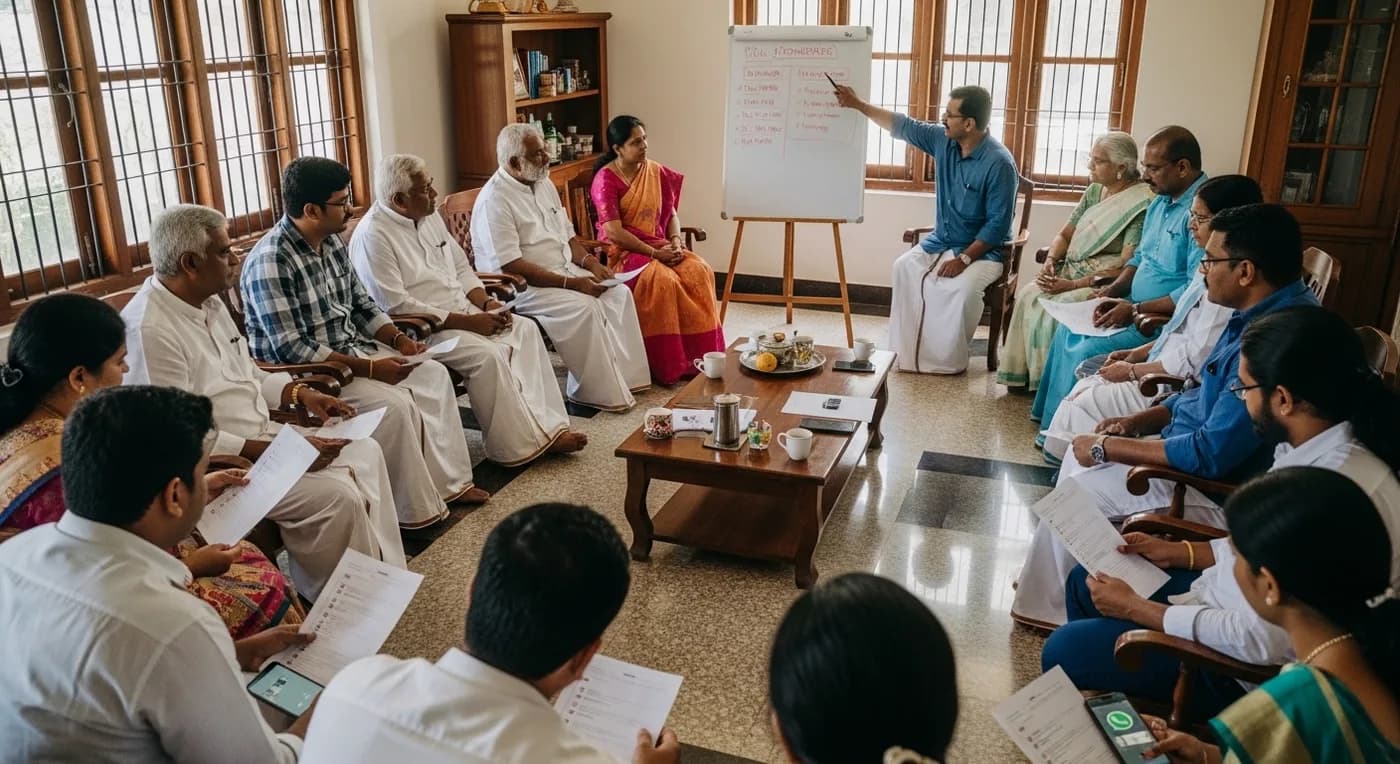 Kalyana Samithi coordination meeting with task assignments for a Kerala Muslim wedding