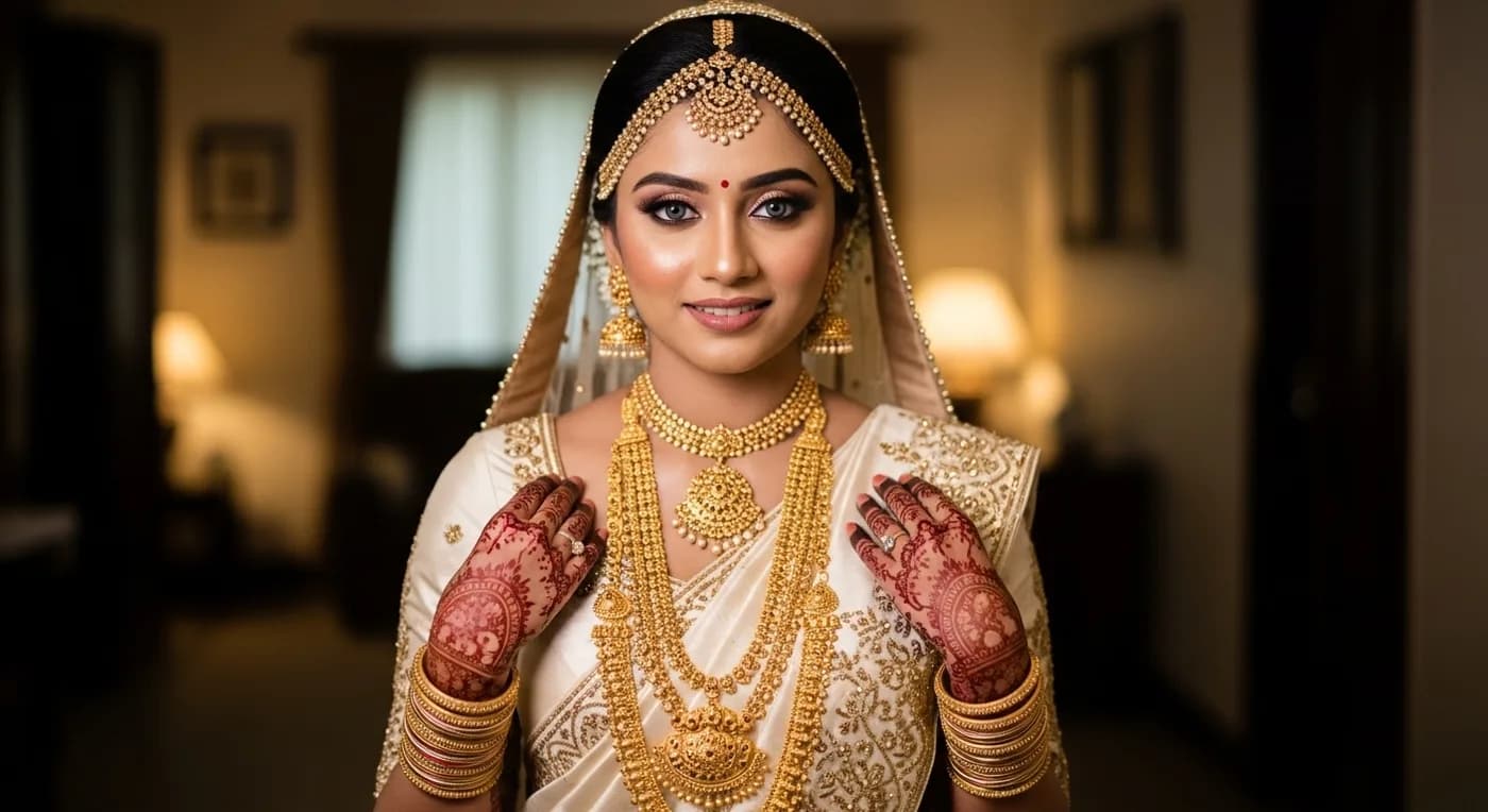 Kerala Muslim bride wearing traditional Malabar gold jewellery set with Manga Mala and Palakka Mala