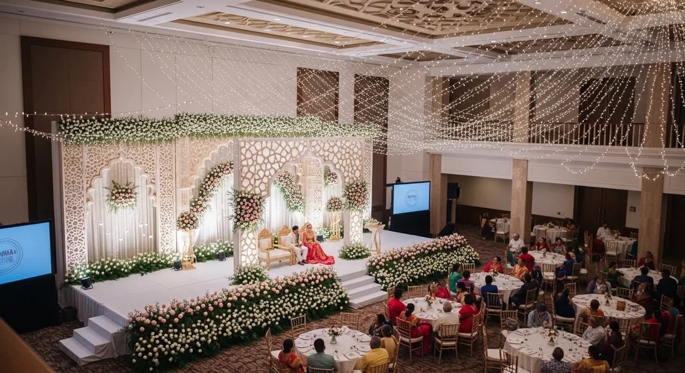 Overview of a Kerala Muslim wedding ceremony with floral stage and guests