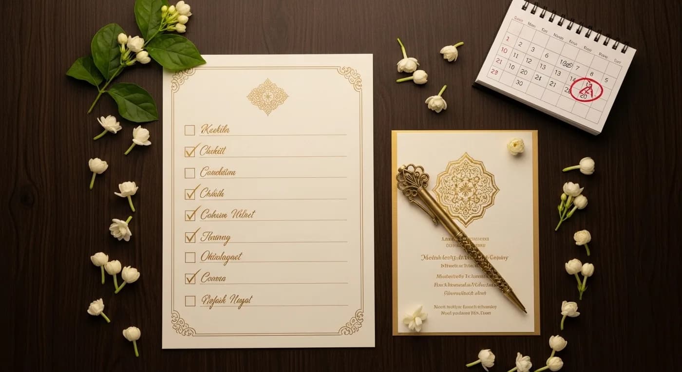 Wedding planning checklist and calendar spread for a Kerala Muslim wedding with gold invitation cards