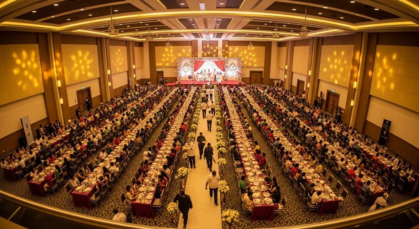 Large-scale Kerala Muslim wedding reception with hundreds of guests being served at a Walima feast