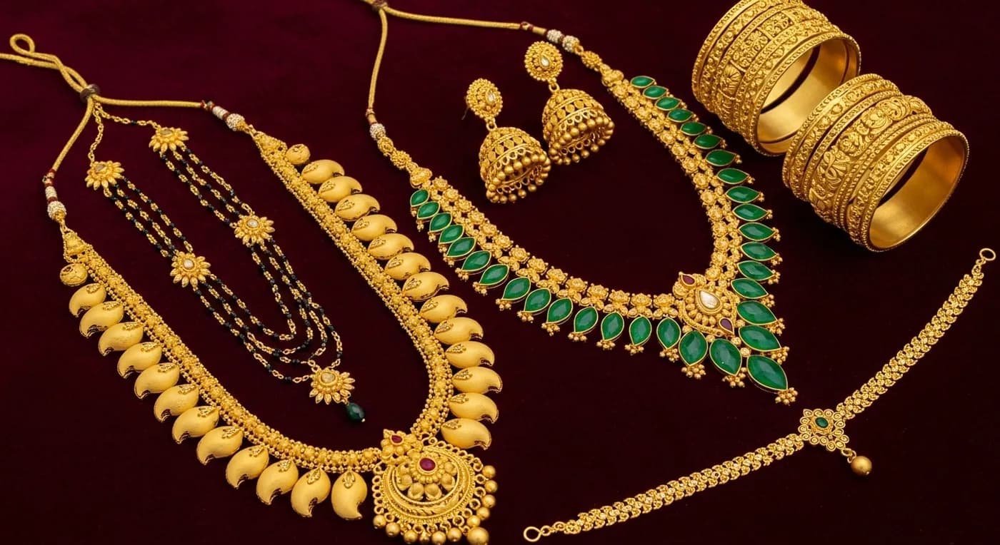 Malabar bridal gold jewellery set with Manga Mala and Palakka Mala