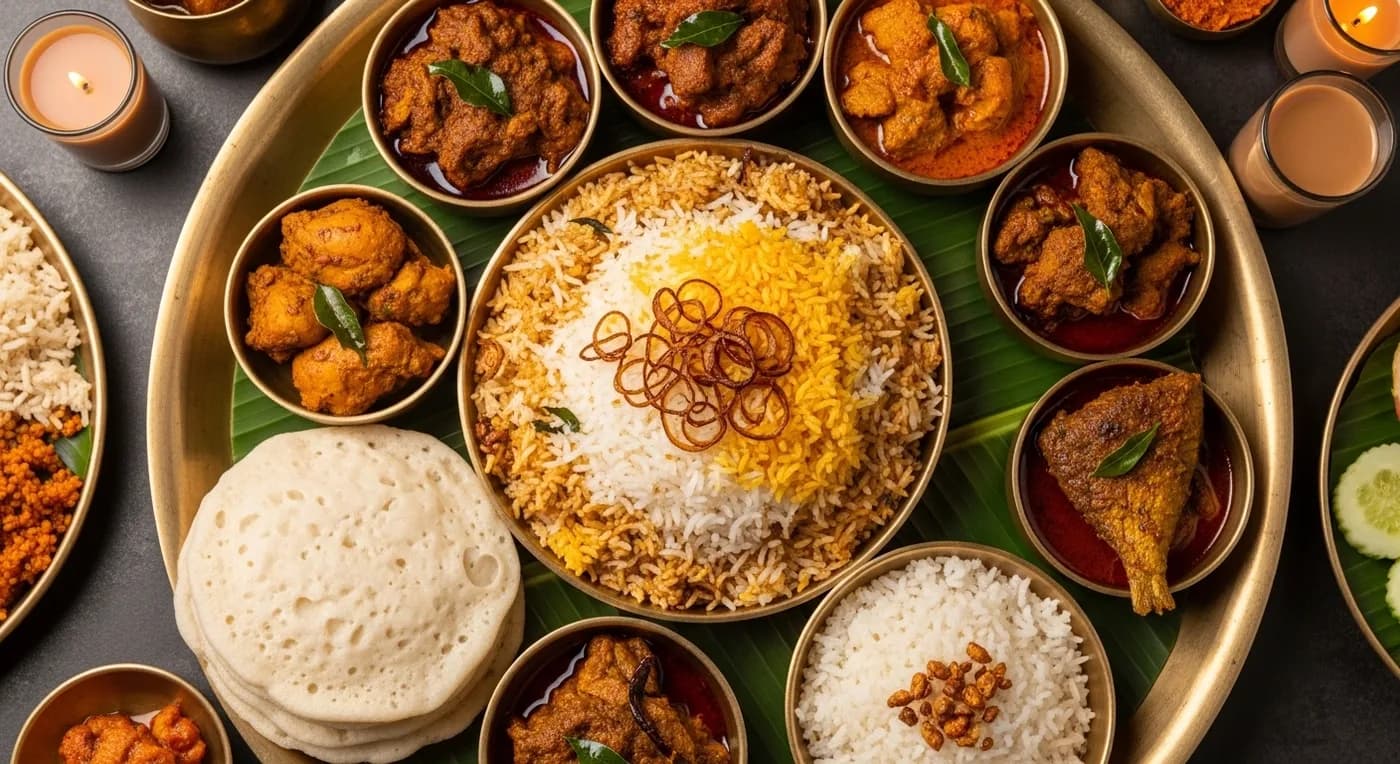 Traditional Malabar Walima feast spread with Thalassery biryani and pathiri