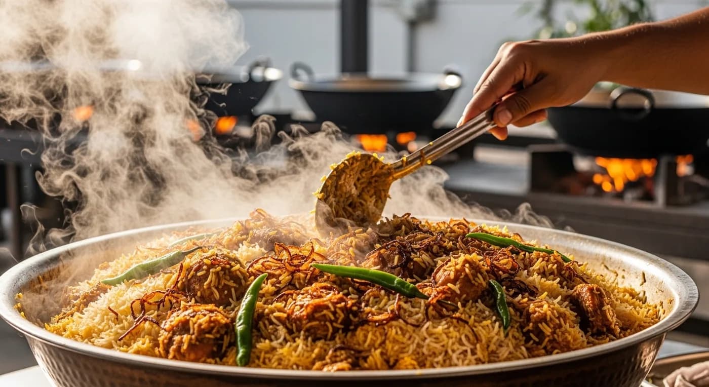 Malabar wedding catering setup with Thalassery biryani and feast spread