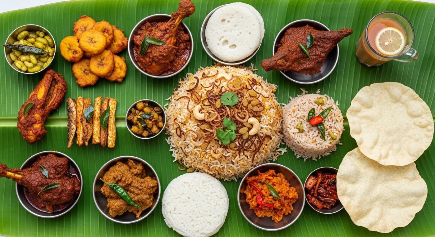 Traditional Malabar wedding feast spread with Thalassery biryani, pathiri, and multiple meat dishes on banana leaf